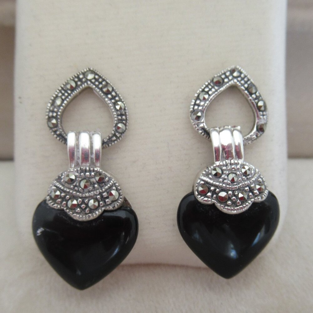VTG 925 Sterling Silver, Black Onyx & Marcasite Heart Shape Dangle Earrings 1.25